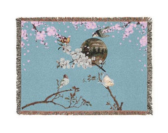 Whimsigoth Woven Blanket, Cherry Blossom Throw Blanket, Aesthetic Moon and Birds Couch Cover, Cottagecore Picnic Blanket, Celestial Gift