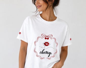 Cherry Coquette T-Shirt, Aesthetic Bow Cherry Graphic Tee, Cute Soft Girl Style Shirt, Trendy Feminine Outfit, Gift for Her