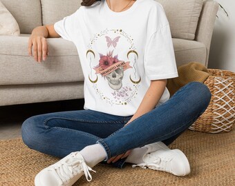 Memento Mori Skull Shirt | Whimsigoth Floral T-Shirt, Pastel Goth Coquette Skeleton Tee, Mystical Moon Butterfly Gift
