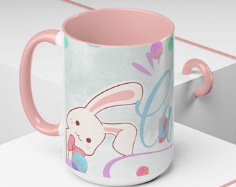 Cute Coquette Bunny Coffee Mug, Aesthetic Pastel Watercolor Cafe Cup, Kawaii Ceramic Tea Mug, Whimsical Bunny Lover Gift