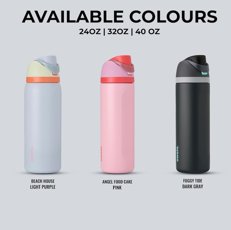 May include: Three insulated water bottles in light purple, pink, and dark gray. The bottles have a flip-top lid with a handle. The text "AVAILABLE COLOURS" and bottle sizes are at the top. The light purple bottle is labeled "BEACH HOUSE LIGHT PURPLE". The pink bottle is labeled "ANGEL FOOD CAKE PINK". The dark gray bottle is labeled "FOGGY TIDE DARK GRAY".