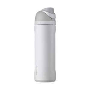 May include: A white Owala water bottle with a gray lid and handle. The bottle has a sleek, cylindrical design with the brand name printed vertically on the side. The lid features a flip-top design for easy access to the contents.