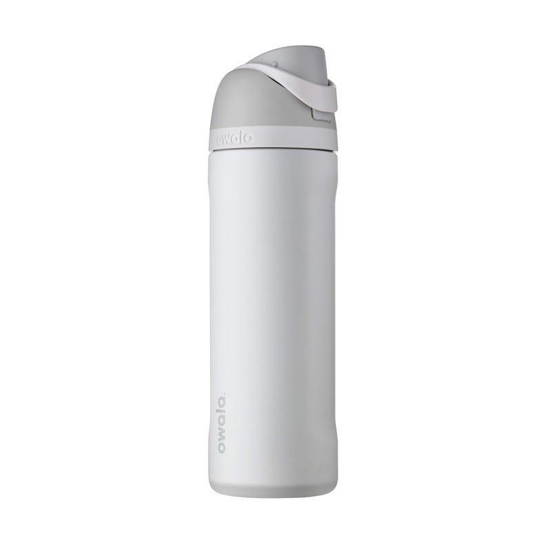 May include: A white Owala water bottle with a gray lid and handle. The bottle has a sleek, cylindrical design with the brand name printed vertically on the side. The lid features a flip-top design for easy access to the contents.