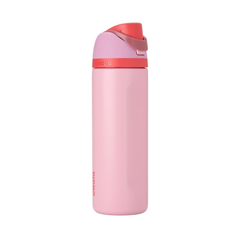 May include: A pink insulated water bottle with a flip-top lid. The lid is a combination of pink and coral colors. The bottle has the brand name "owala" printed on the side. The bottle is designed to keep drinks cold for hours.