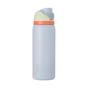 May include: A light blue insulated water bottle with a flip-top lid. The lid is a combination of pale green, orange, and light blue. The bottle has the word "owala" printed in pink on the side. This reusable bottle is designed for hydration.