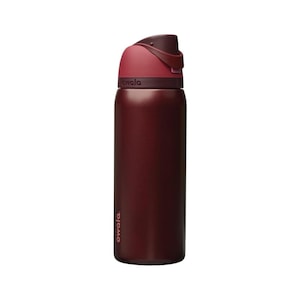May include: A maroon insulated water bottle with a flip-top lid. The bottle has the brand name "owala" printed on the side. The lid and the top of the bottle are a darker shade of maroon.