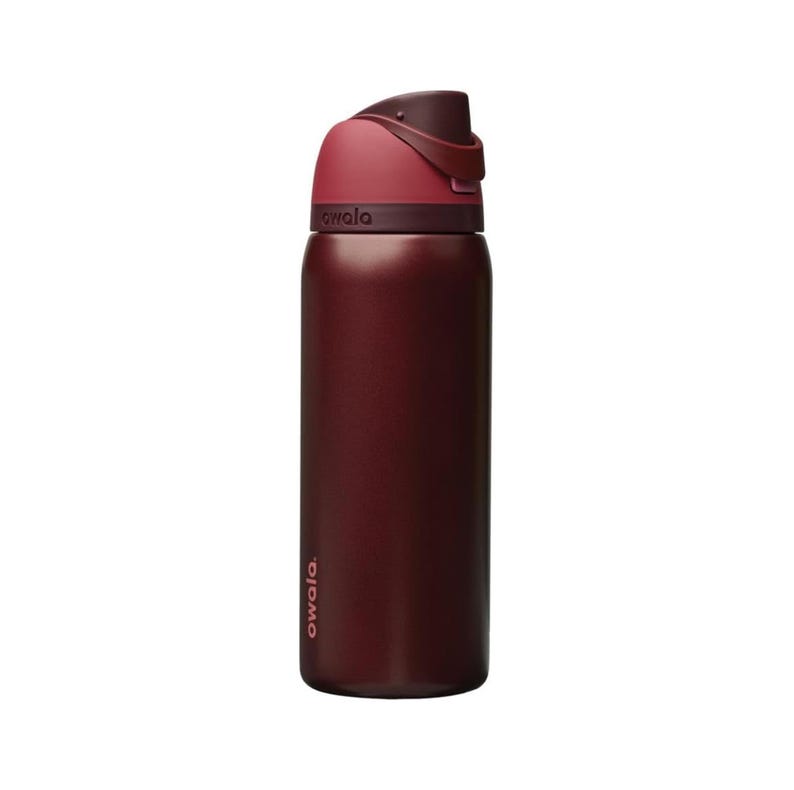 May include: A maroon insulated water bottle with a flip-top lid. The bottle has the brand name "owala" printed on the side. The lid and the top of the bottle are a darker shade of maroon.