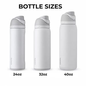 May include: Three white water bottles with gray lids are displayed, showcasing different sizes: 24oz, 32oz, and 40oz. The bottles have a sleek, minimalist design with the brand name "owala" printed on the side. The text "BOTTLE SIZES" is at the top.