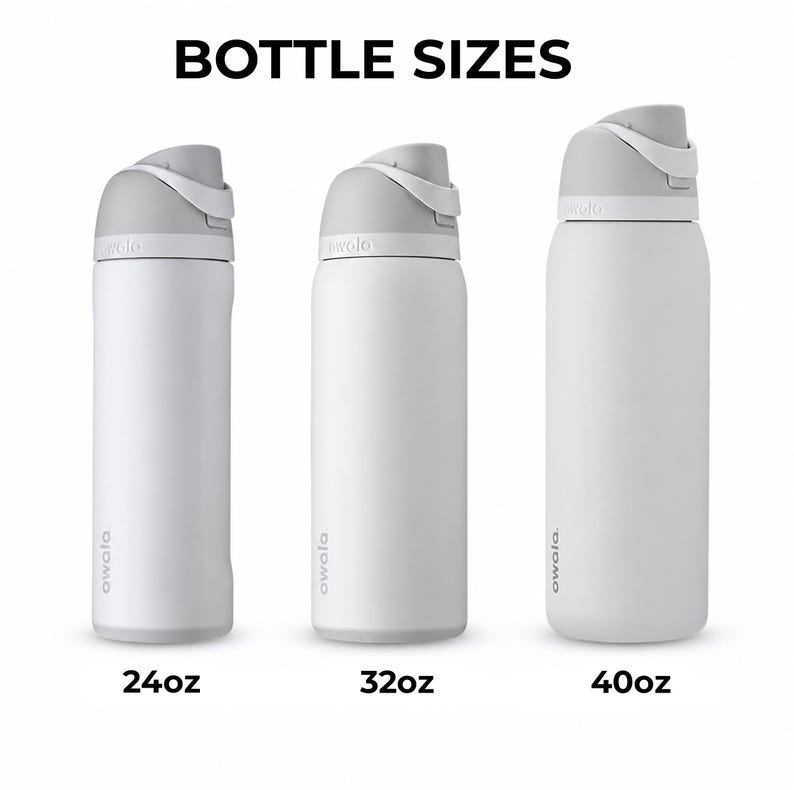 May include: Three white water bottles with gray lids are displayed, showcasing different sizes: 24oz, 32oz, and 40oz. The bottles have a sleek, minimalist design with the brand name "owala" printed on the side. The text "BOTTLE SIZES" is at the top.