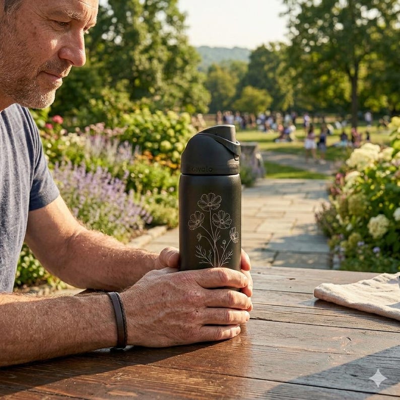 May include: A black water bottle with a flip-top lid and a floral design. The bottle is held by a person outdoors. The bottle has a capacity of approximately 20 ounces.
