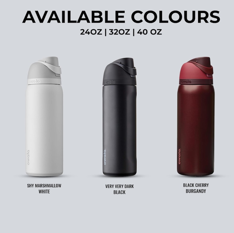 May include: Three insulated water bottles in white, black, and burgundy. The bottles have a sleek design with a flip-top lid. The text "AVAILABLE COLOURS" and size options are displayed above the bottles. The white bottle is labeled "SHY MARSHMALLOW WHITE".