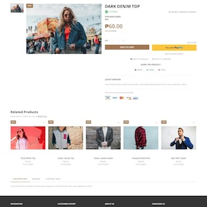 Op de afbeelding: Een webpagina met een donkere denim top. De pagina bevat een foto van een vrouw die de jas draagt, productdetails en gerelateerde items zoals een bloemenwitte top, varsity top, leren jas en rood overhemd.