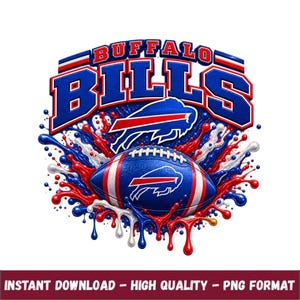 Pode incluir: Um design gráfico com o texto BUFFALO BILLS em letras azuis em negrito com contornos vermelhos. Abaixo do texto, há uma bola de futebol americano azul com listras brancas e um logotipo de búfalo vermelho, cercado por respingos de tinta.