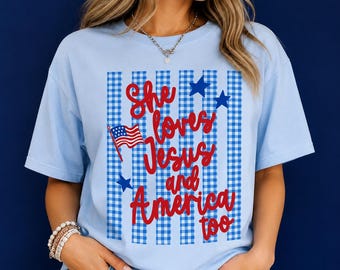 Loves Jesus and America Too PNG, Faith Patriotic American Design, Girly Dainty Stripes, Memorial Day Sublimation, Christian Whimsy Art PNG