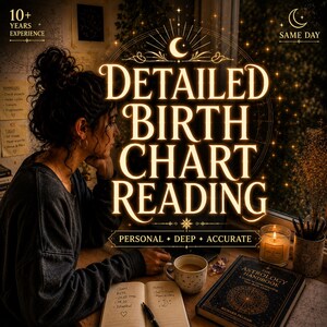 Op de afbeelding: Advertentie voor een gedetailleerde geboortehoroscooplezing. De afbeelding toont een vrouw aan een bureau met een notitieboek, koffie en een kaars. Tekst bevat "Detailed Birth Chart Reading", "Personal + Deep + Accurate" en "Same Day".
