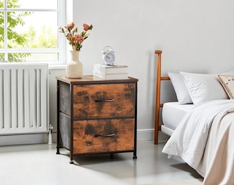 Mesita de noche rústica con cajones de tela, mesita de noche industrial para dormitorio pequeño, mesa auxiliar moderna con espacio de almacenamiento.