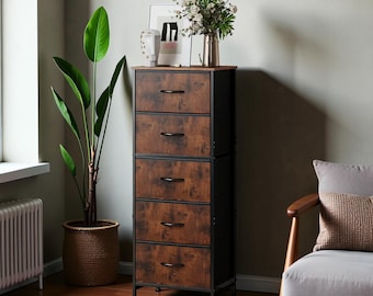 Cómoda alta y estrecha con 5 cajones, mueble de almacenamiento rústico para dormitorio, mesita de noche industrial para espacios pequeños.