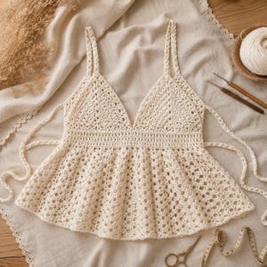 May include: A cream-colored crochet top featuring a deep V-neckline, thin braided shoulder straps, and a flared peplum hem. The garment is constructed with an intricate openwork stitch pattern and includes side ties for an adjustable fit.