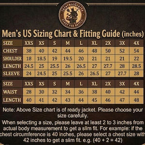 May include: A dark brown sizing chart titled Men's US Sizing Chart & Fitting Guide (inches) with gold text and borders. It displays measurements for chest, shoulder, length, sleeve, and waist across sizes XXS to 4X, including fitting instructions.