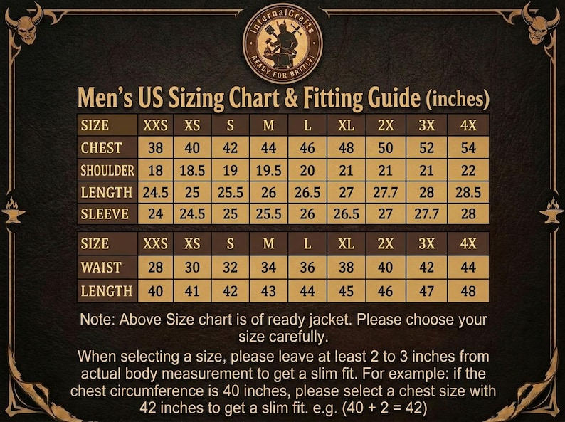 May include: A dark brown sizing chart titled Men's US Sizing Chart & Fitting Guide (inches) with gold text and borders. It displays measurements for chest, shoulder, length, sleeve, and waist across sizes XXS to 4X, including fitting instructions.