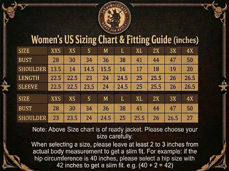 Puede incluir: Una tabla de tallas marr&oacute;n oscuro titulada Women's US Sizing Chart & Fitting Guide (inches) con texto dorado. Muestra medidas de busto, hombro, largo y manga en pulgadas para tallas de XXS a 4X, incluyendo una nota sobre el ajuste de la chaqueta.