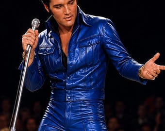 Disfraz de mono de cuero azul estilo años 70 de Elvis Presley, ropa para actuaciones de artistas tributo.
