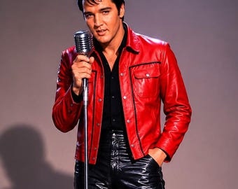 Chaqueta de cuero roja para hombre estilo Elvis Presley, Rey del Rockstar, disfraz de escenario para artista tributo.