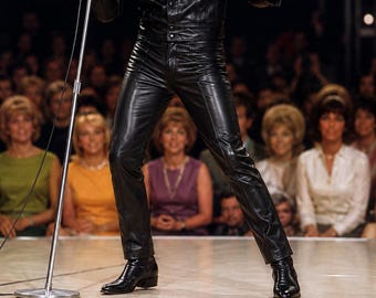 Pantalones de cuero negro auténtico estilo especial de regreso de Elvis Presley de 1968.