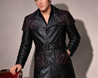 Traje especial de cuero negro de Elvis Presley, vestuario de escenario para artista tributo.