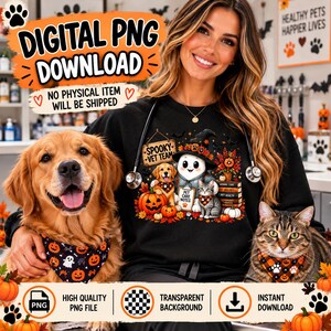 Puede incluir: Una sudadera negra con un gráfico de un fantasma con sombrero de bruja, un golden retriever y un gato atigrado. El texto dice Spooky Vet Team y Pet Care Notes. El diseño incluye calabazas y hojas de otoño.
