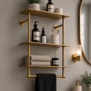 3-laags messing badkamerplank | Handgemaakt massief messing opbergrek | Luxe wandgemonteerde organizer