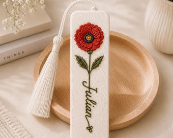 Personalized Birth Month Flower Bookmark with Name, Hand Embroidered Bookmark, Lily of the Valley Bookmark, Reader Gift for Her