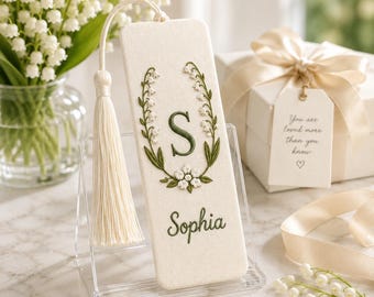 Personalized Floral Embroidered Bookmark, Custom Hand Embroidered Lily of the Valley Bookmark with Name