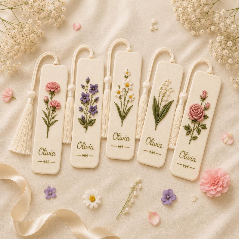 May include: Five rectangular off-white bookmarks with rounded corners, each featuring a unique embroidered floral design, a hanging tassel, and the name Olivia printed in cursive script. The flowers include pink carnations, purple bellflowers, white daisies, lily of the valley, and a pink rose.