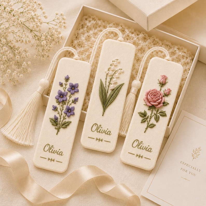 May include: Three rectangular off-white bookmarks with cream-colored tassels, each featuring embroidered floral designs of purple bellflowers, lily of the valley, and a pink rose. The name Olivia is embroidered in green on each bookmark.