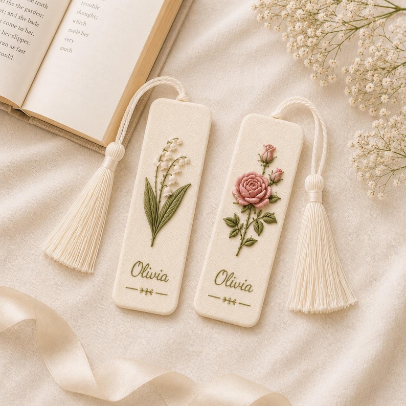 May include: Two rectangular off-white fabric bookmarks featuring embroidered floral designs. One displays lily of the valley, the other a pink rose. Both are personalized with the name Olivia in green script, include a cream tassel, and have a decorative line motif.