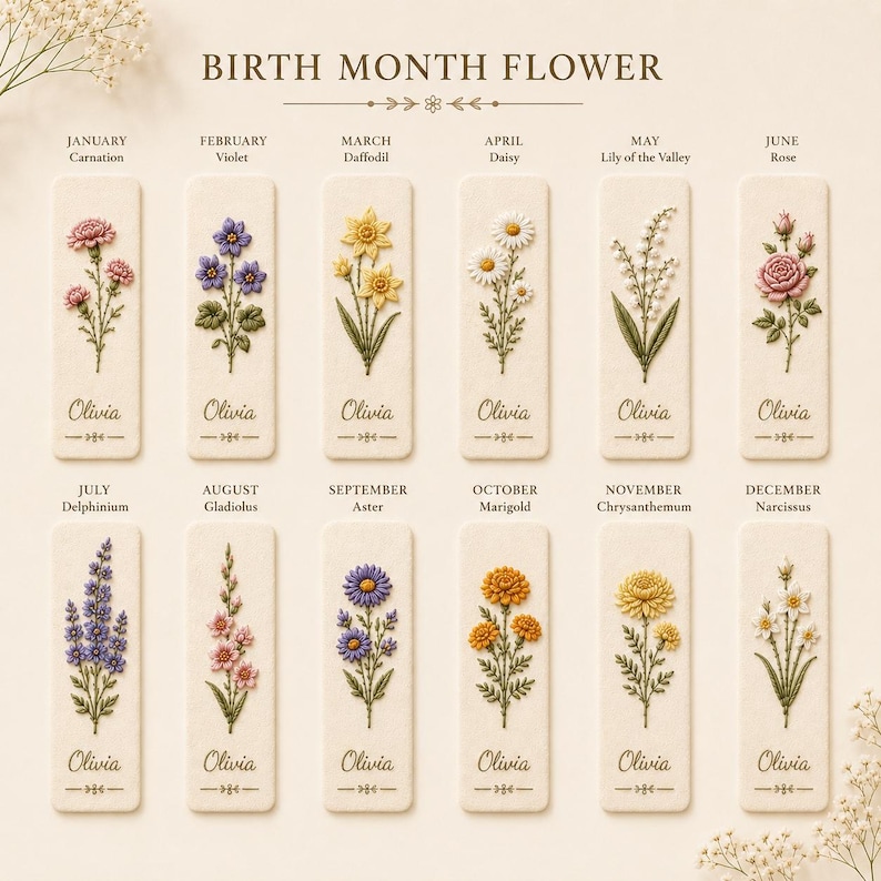 May include: A set of twelve rectangular bookmarks featuring embroidered birth month flowers and the name Olivia. Each bookmark displays a specific flower for January through December, including carnation, violet, daffodil, daisy, lily of the valley, rose, delphinium, gladiolus, aster, marigold, chrysanthemum, and narcissus.