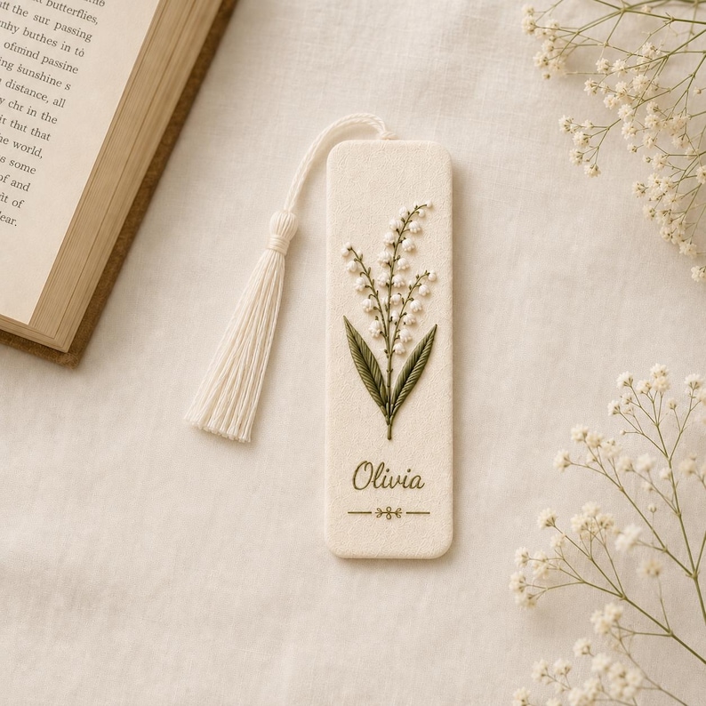 May include: A rectangular off-white fabric bookmark featuring an embroidered lily of the valley plant with white bell-shaped flowers and green leaves. The name Olivia is embroidered in dark green below the plant, with a cream-colored tassel attached.