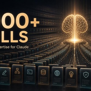 Może przedstawiać: Cyfrowa ilustracja z tekstem "5000+ SKILLS" i "Installable expertise for Claude". Świecący mózg emituje światło, połączone z rzędami cyfrowych ikon.
