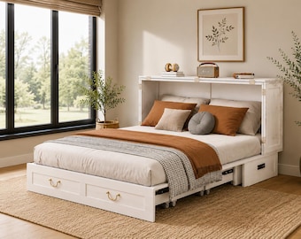 Queen Murphy Bed Cabinet, Solid Wood, Storage Drawer, Modern Bedroom Furniture