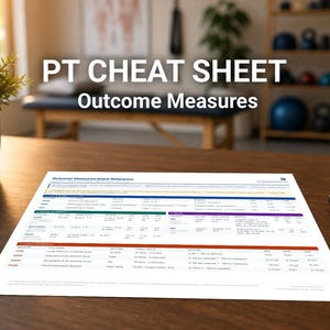 Może przedstawiać: Dokument zatytułowany "PT CHEAT SHEET Outcome Measures" leży na drewnianym stole. Pióro spoczywa obok dokumentu. Na stole znajduje się również mała doniczka z rośliną i wizytownik z kartą "Move Better Feel Better Physical Therapy".