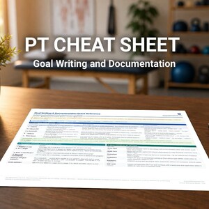 May include: A document titled "PT CHEAT SHEET" with the subtitle "Goal Writing and Documentation" lies on a wooden table. A pen rests beside the document. A small potted plant and a business card holder are also on the table.