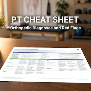 Może przedstawiać: Arkusz PT Cheat Sheet zatytułowany "Orthopedic Diagnoses and Red Flags" leży na drewnianym stole. Pióro spoczywa obok arkusza. Mała roślina doniczkowa i wizytownik znajdują się na pierwszym planie. Tło obejmuje ławkę i półki.