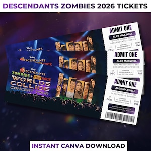 Konsertbiljettmall för Descendants Zombies 2026 | Turnépass för Worlds Collide | Redigerbar Canva-överraskningspresent | Digital nedladdning