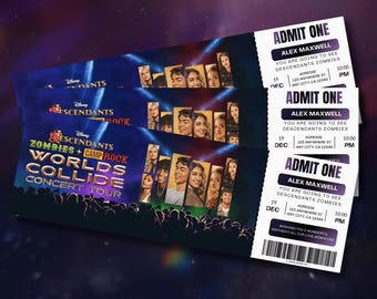 Plantilla de entrada para el concierto de Descendants Zombies 2026 / Pase para la gira Worlds Collide / Revelación de regalo sorpresa editable en Canva / Descarga digital