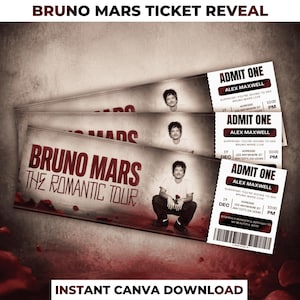 Peut inclure: Trois billets de concert identiques pour The Romantic Tour avec Bruno Mars. Chaque billet affiche le texte ADMIT ONE, le nom Alex Maxwell et une photographie de Bruno Mars tenant une rose rouge. Le design utilise des tons rouges et blancs.