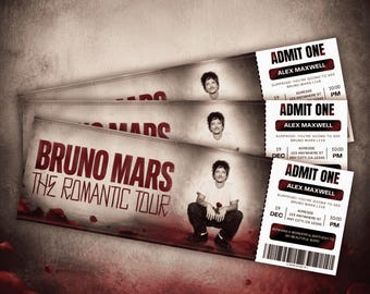 Bruno Mars Romantic Tour onthullingsticket sjabloon | Concertcadeau onthulling | Bewerkbare Canva-voucher | Printbaar verrassingsaandenken