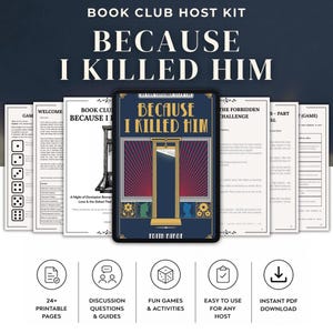 May include: A book club host kit titled Because I Killed Him, featuring a central cover illustration of a guillotine, surrounded by multiple printable pages including game instructions, discussion questions, and guides, with five circular icons below.