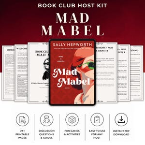 May include: A Book Club Host Kit for the novel Mad Mabel by Sally Hepworth, featuring a central tablet display of the book cover, surrounded by multiple printable pages including discussion questions, character profiles, and games, with five icons below.