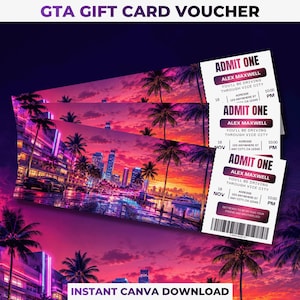Op de afbeelding: Een GTA-cadeaubon met een levendig stadsgezicht bij zonsondergang met palmbomen en neonlichten. Het ticket bevat de tekst ADMIT ONE, ALEX MAXWELL, YOU'LL BE DRIVING THROUGH VICE CITY, 18 NOV en een streepjescode in de rechterbenedenhoek.